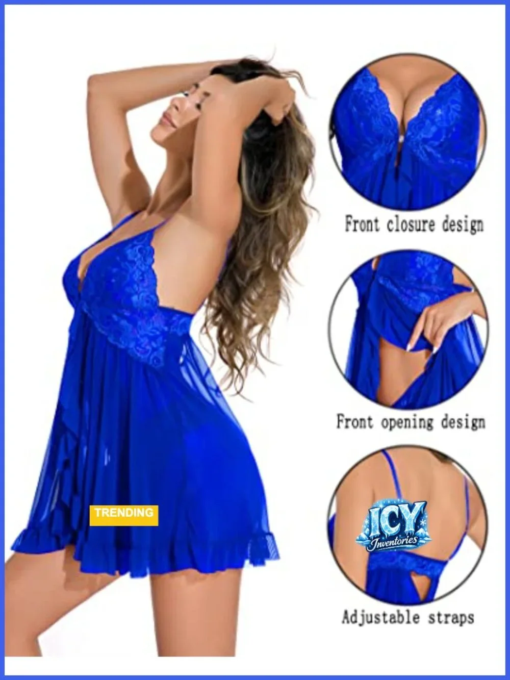 Sexy Lace Babydoll Lingerie with Matching Panties Front Closure Nightgown